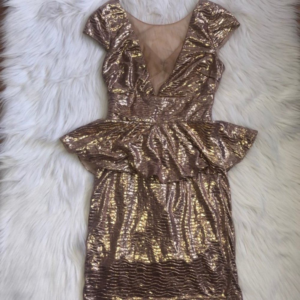 Gold Peplum Midi Dress w/Plunge Mesh Front